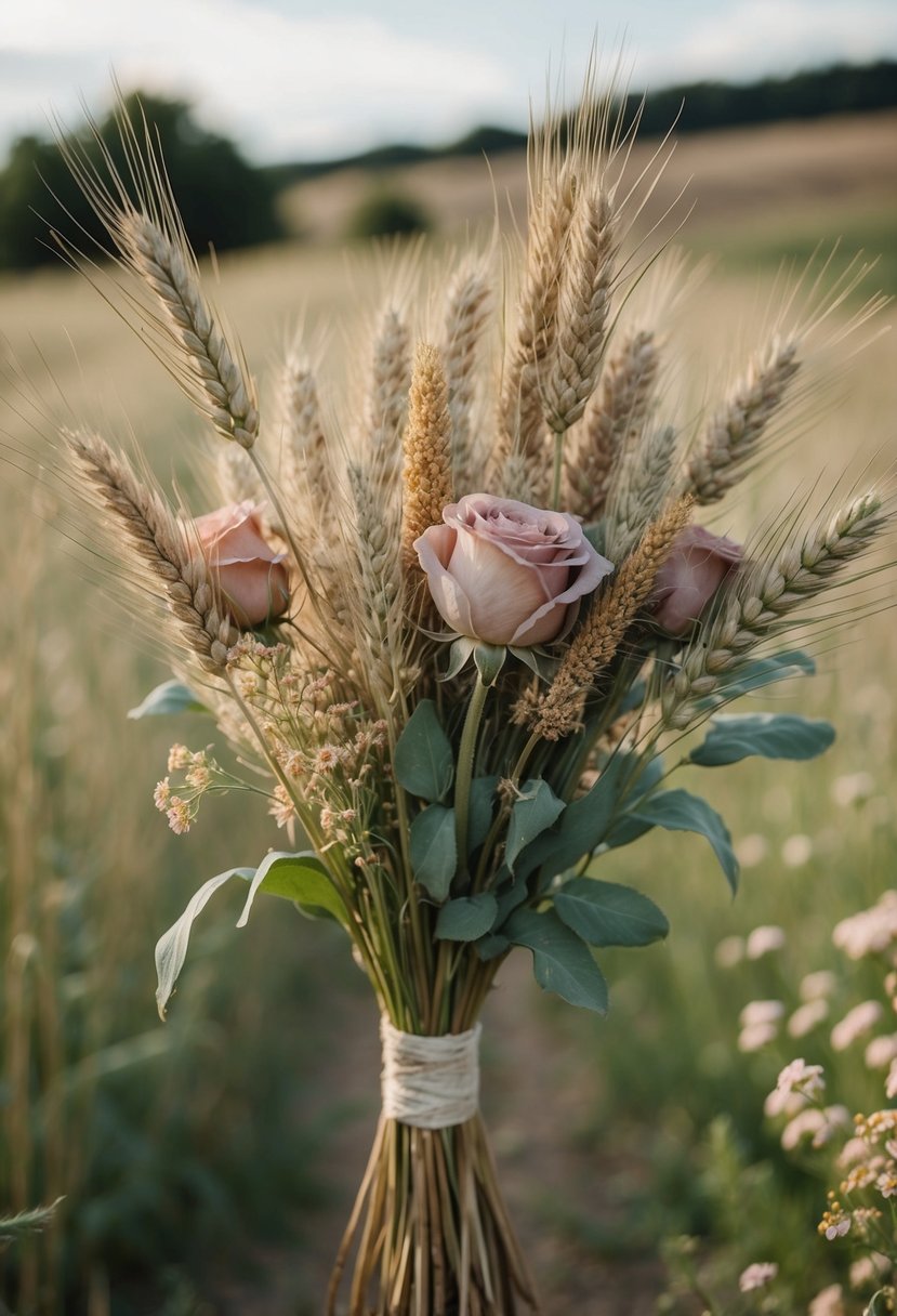 A rustic bouquet of dusty rose wheat stalks and wildflowers