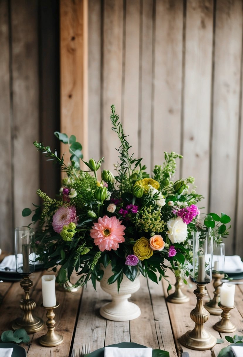 A rustic wooden table adorned with a lush, stylish floral centrepiece, featuring a mix of vibrant blooms and greenery in elegant vases and candle holders