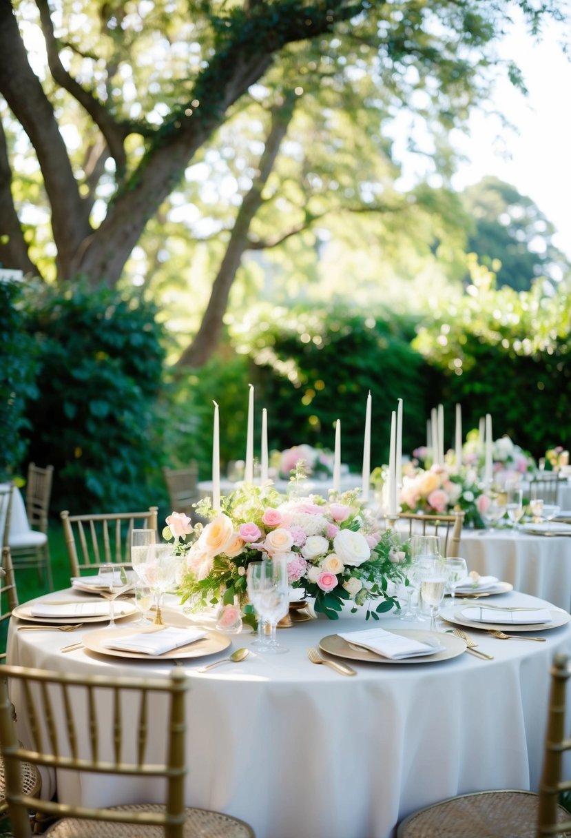 A table adorned with lush floral centerpieces in soft pastel hues, set in a garden with dappled sunlight filtering through the trees