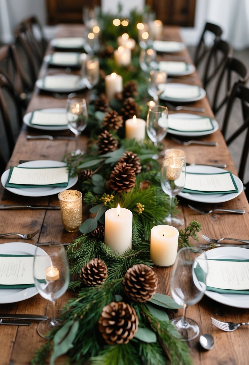 A rustic wooden table adorned with greenery, candles, and natural elements like pinecones and twigs, creating an elegant and flower-free centrepiece for a wedding celebration