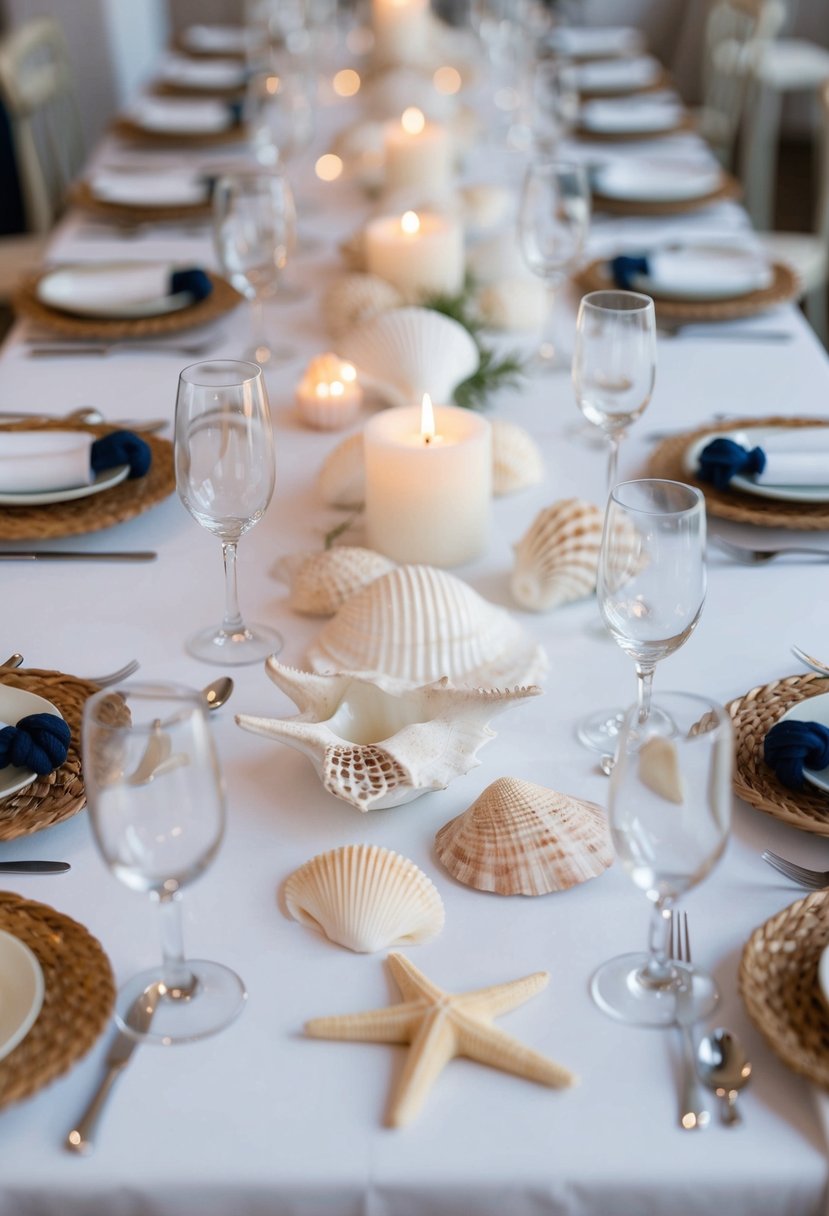 A table set with white nautical-themed centerpieces, including seashells, starfish, and sailor's knots, creating an elegant and classic wedding decoration