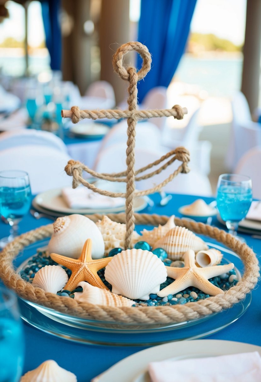 A white nautical-themed centerpiece adorned with seashells, starfish, and rope sits on a table surrounded by ocean blue accents