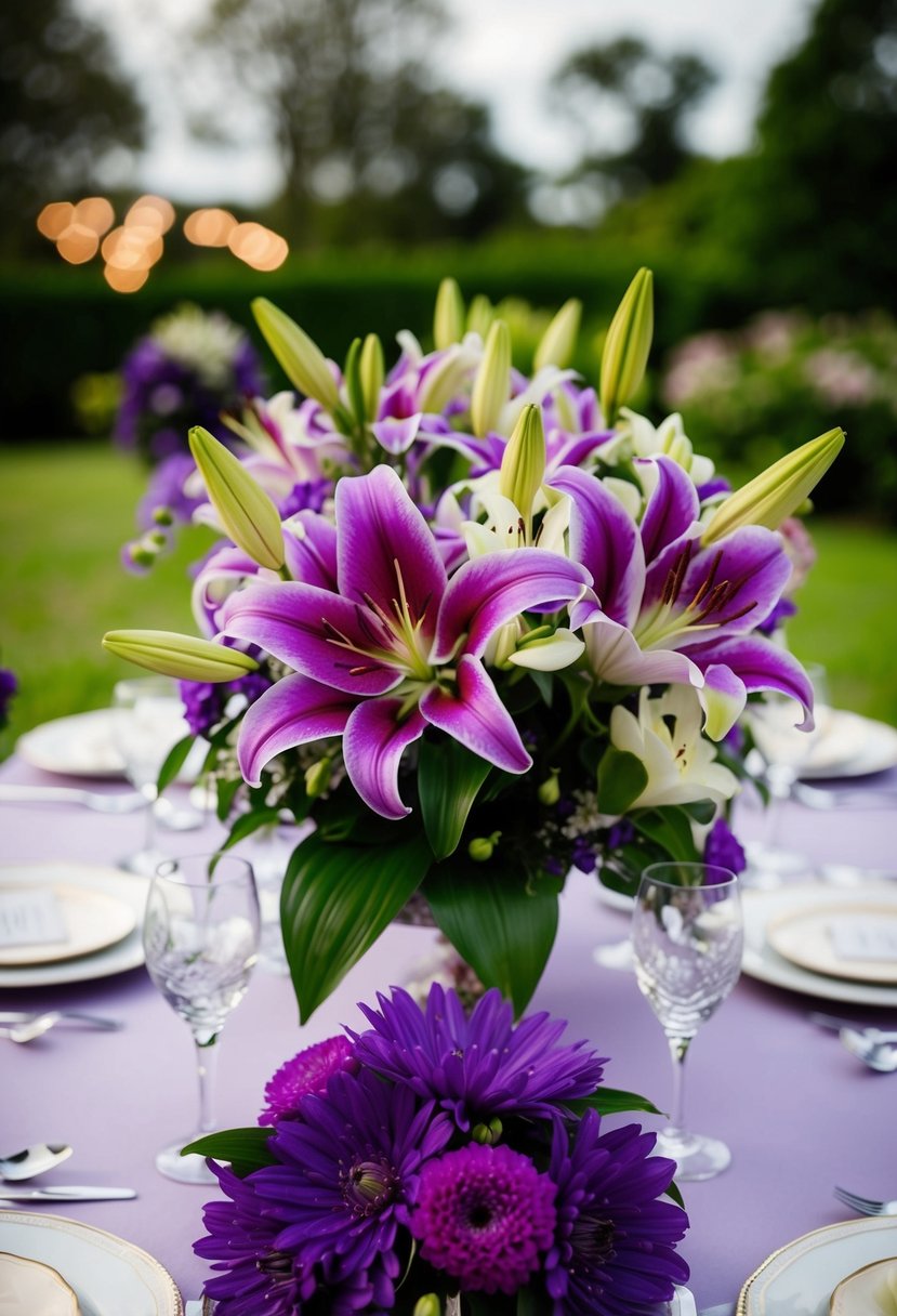 A table adorned with purple lilies and a mix of other flowers for a classic wedding decoration