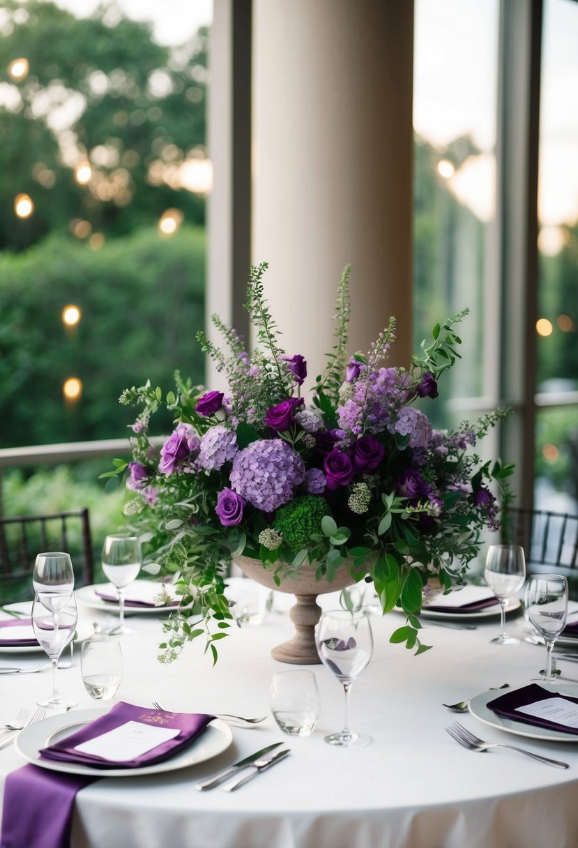 A round table adorned with a lush mix of purple flowers and greenery, creating an elegant and romantic centerpiece for a wedding celebration