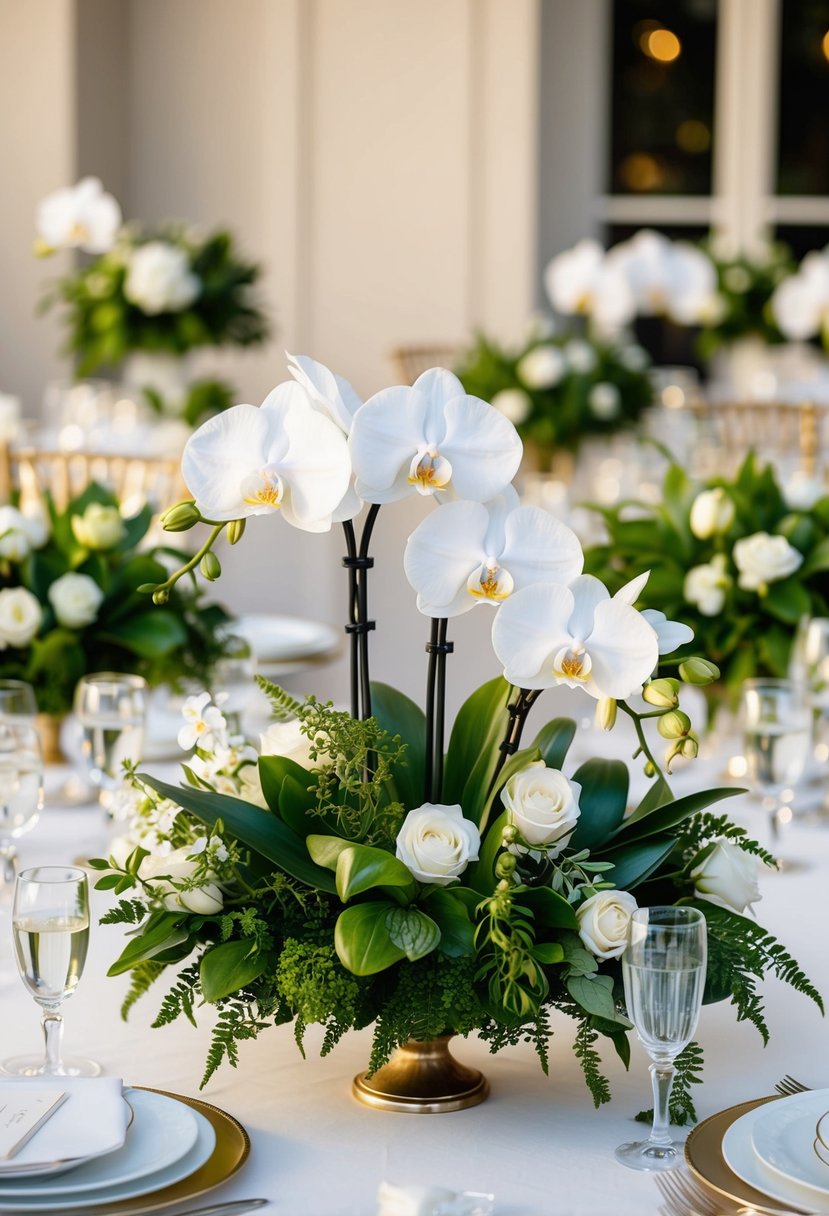 Lush greenery and delicate orchid bouquets adorn a wedding table, creating a classic and elegant centerpiece