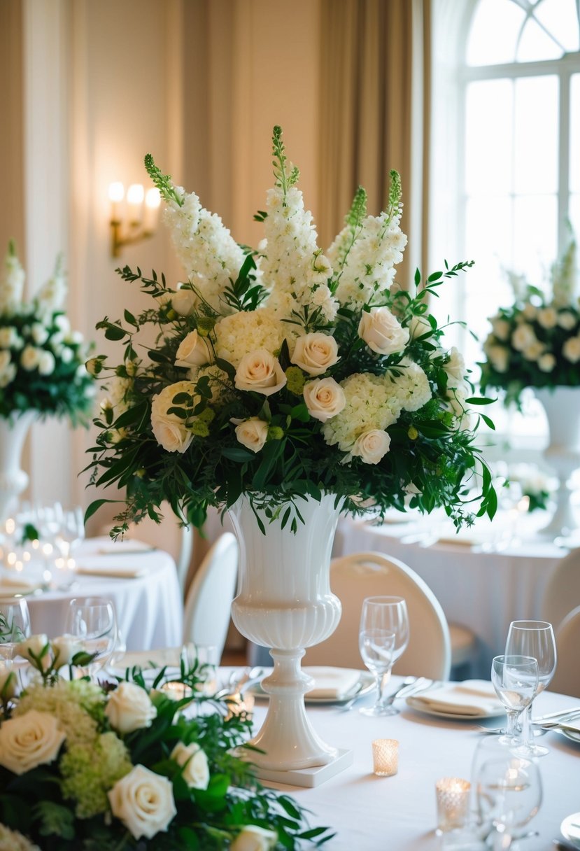 Elegant compote vases overflow with lush floral arrangements, adorning a classic wedding table setting