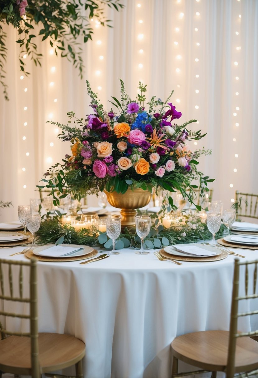 A vibrant floral arrangement sits atop a round wedding table, surrounded by delicate greenery and twinkling fairy lights