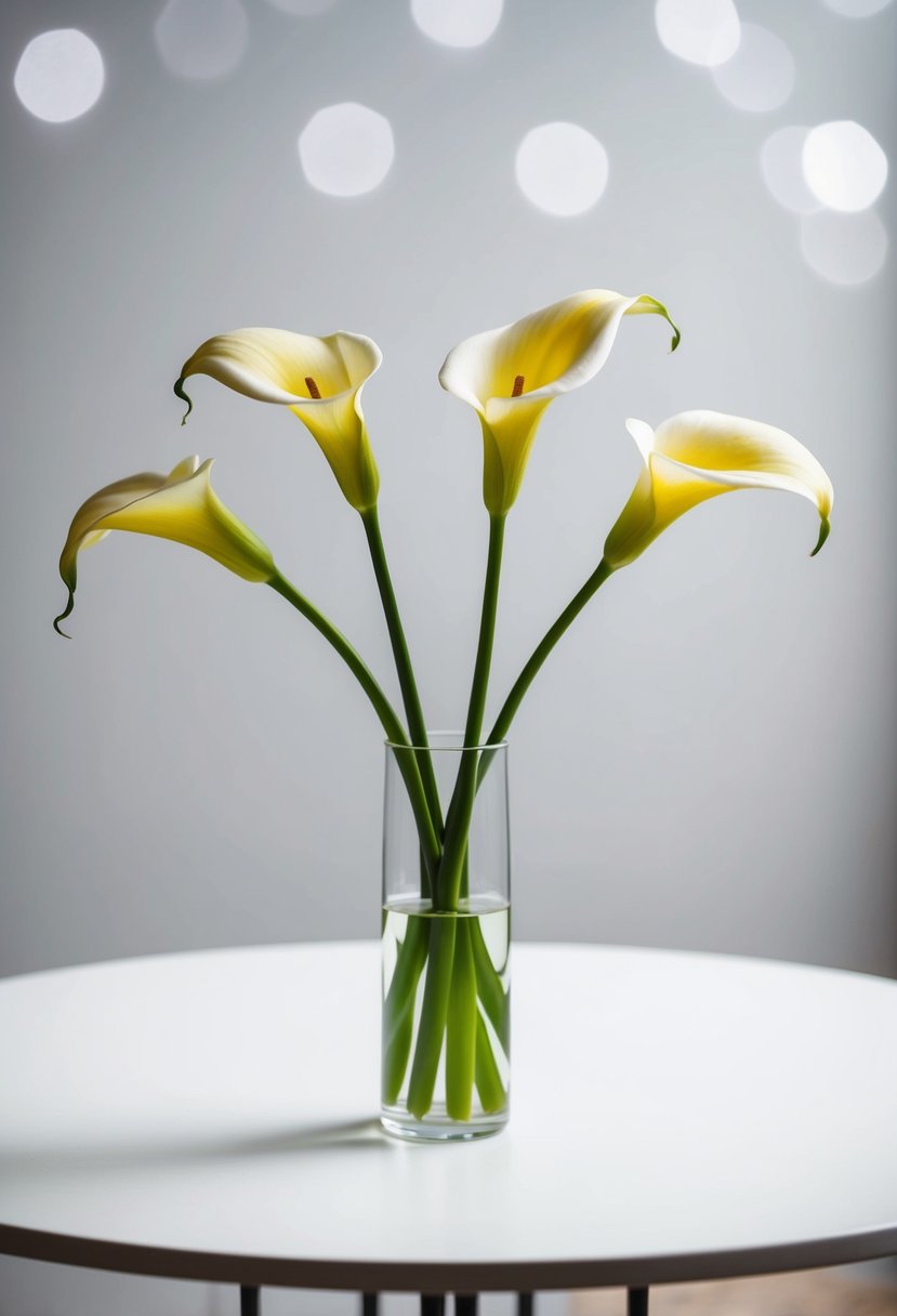 A simple white table with a single vase holding three elegant calla lilies as a centerpiece