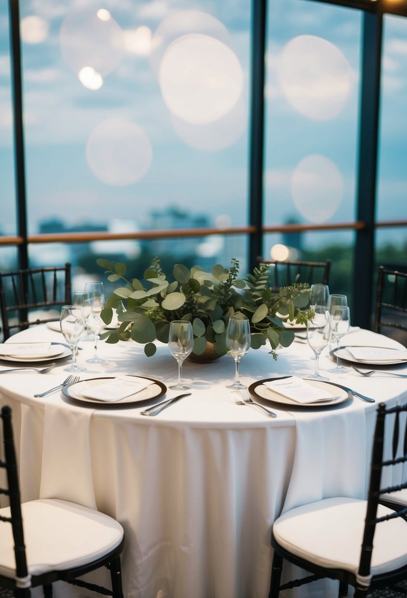 A round wedding table with a white tablecloth adorned with a lush green eucalyptus centerpiece