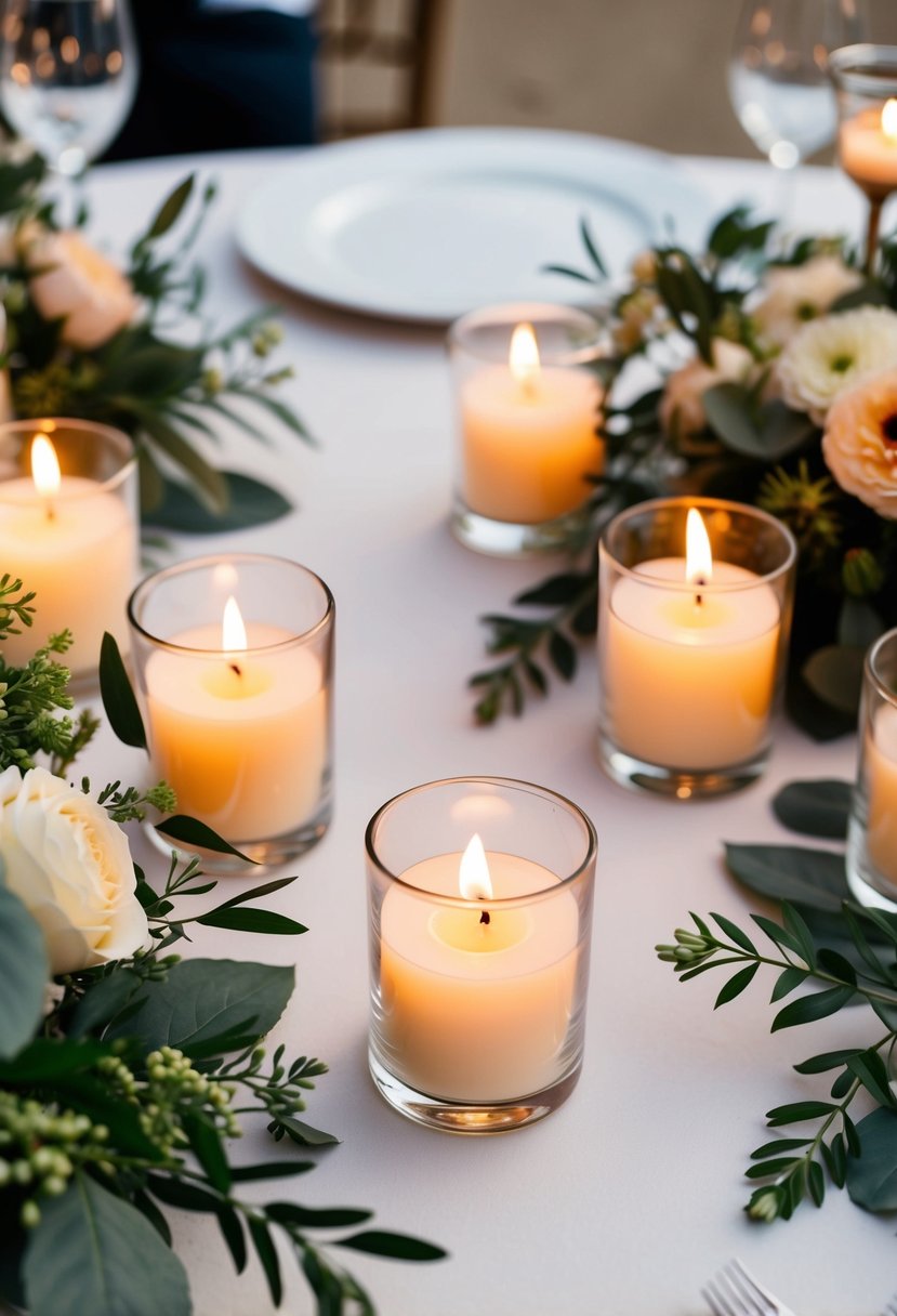 Several floating candle votives arranged on a table with flowers and greenery for a classic wedding decor