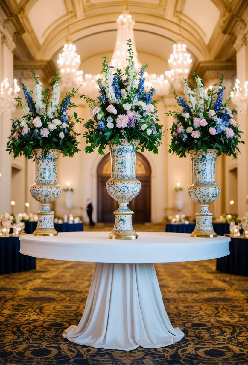 Tall, ornate, floral-filled vases stand atop a grand, round table in a high-ceilinged, elegant ballroom