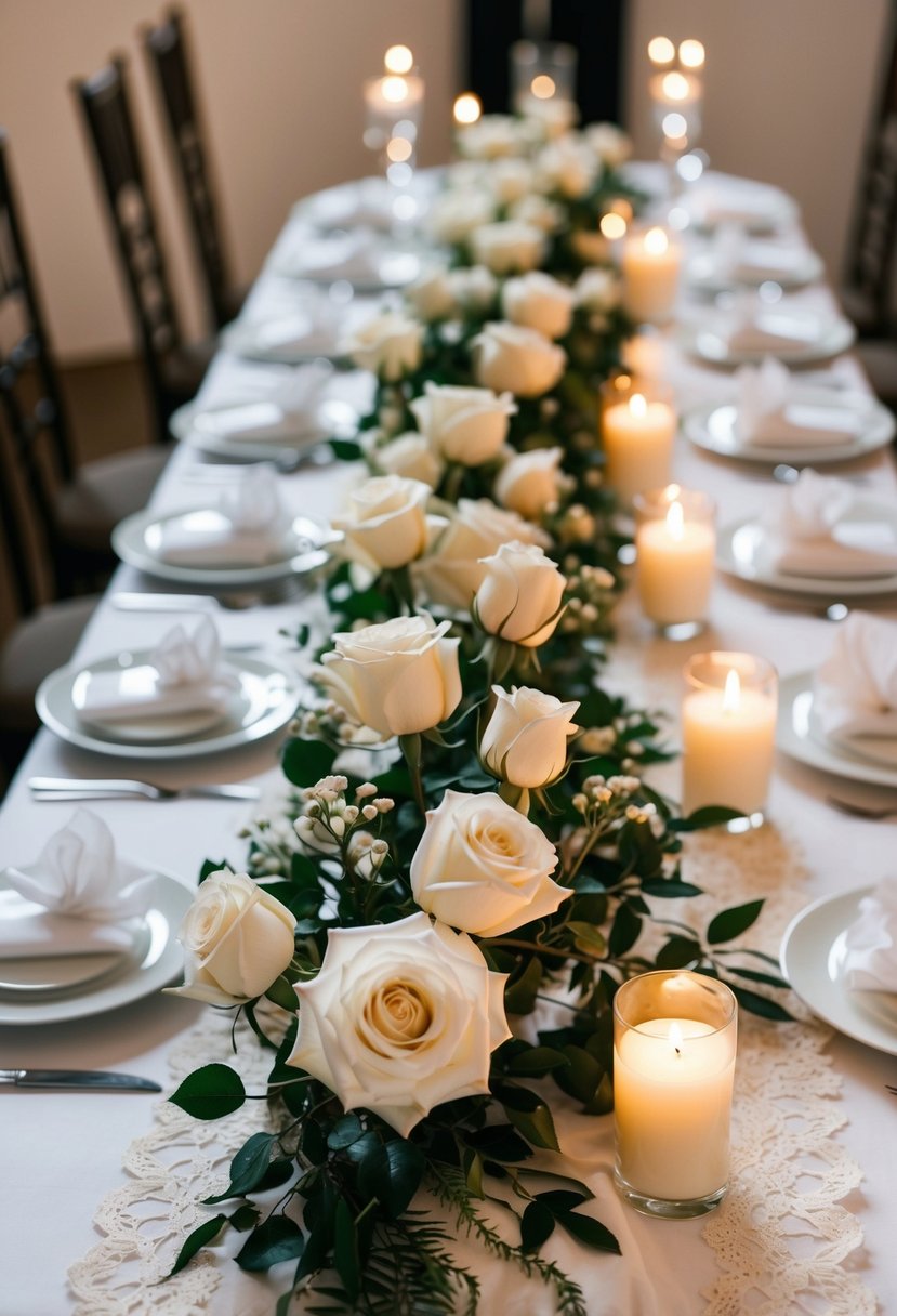 A table adorned with white roses, delicate lace runners, and flickering candlelight creates a romantic wedding ambiance