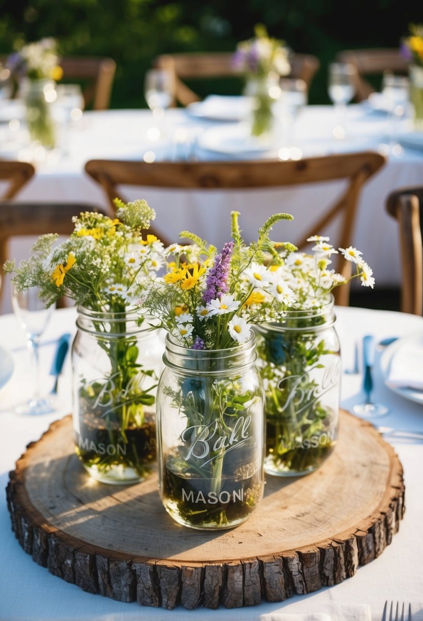 Mason jars filled with wildflowers and surrounded by wooden accents on a rustic wedding table