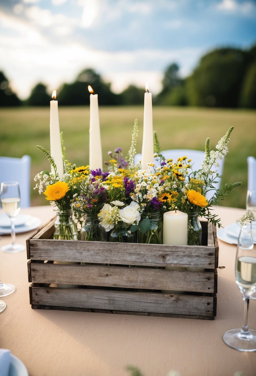 A weathered wooden crate filled with wildflowers and candles sits as a rustic centrepiece on a wedding table