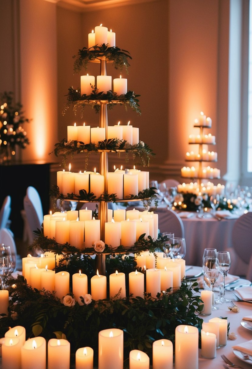 A multi-tiered display of candles in varying heights illuminates a wedding table, casting a warm and romantic glow over the elegant setting