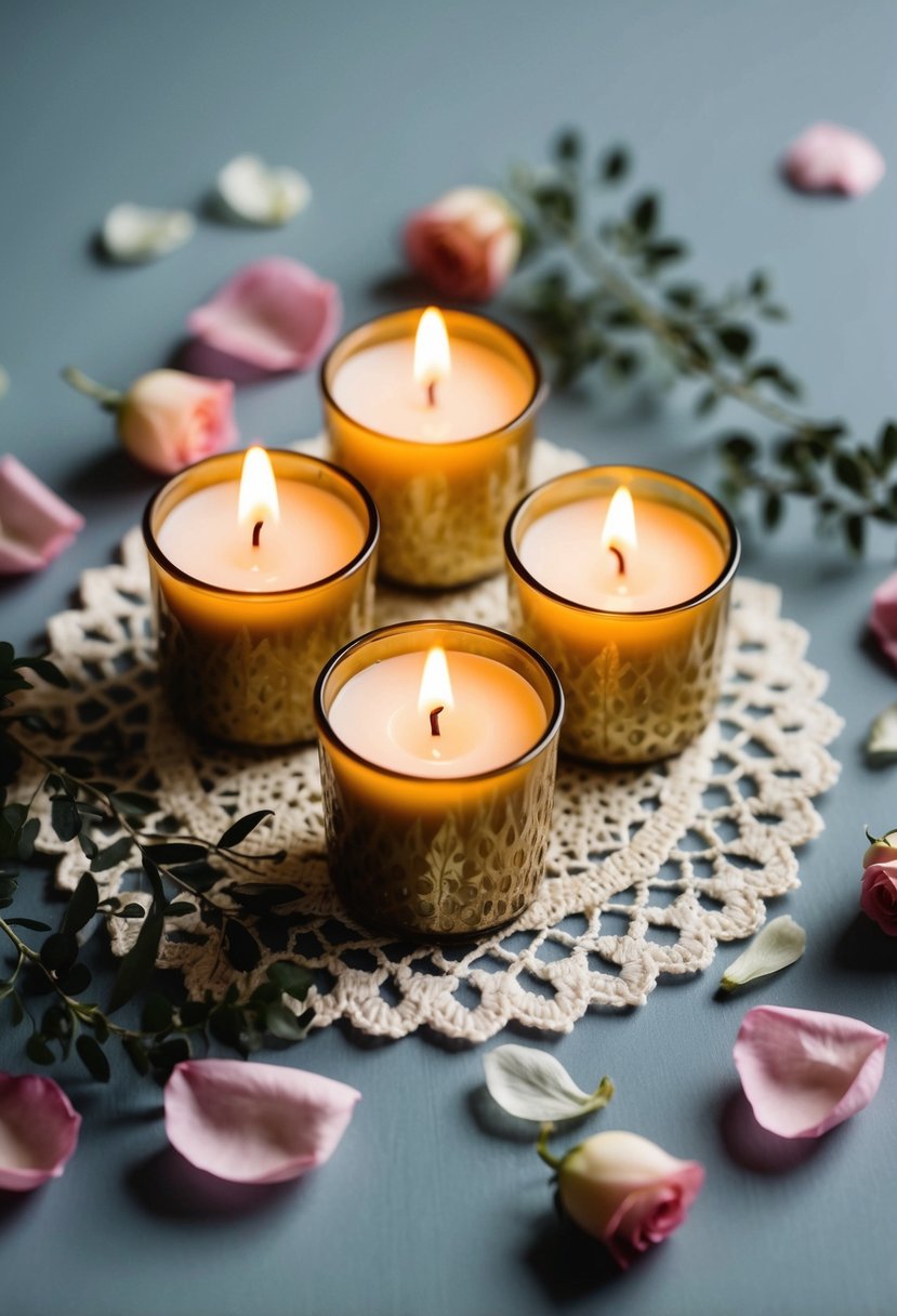 Three votive candles arranged on a lace doily, surrounded by scattered rose petals and delicate greenery