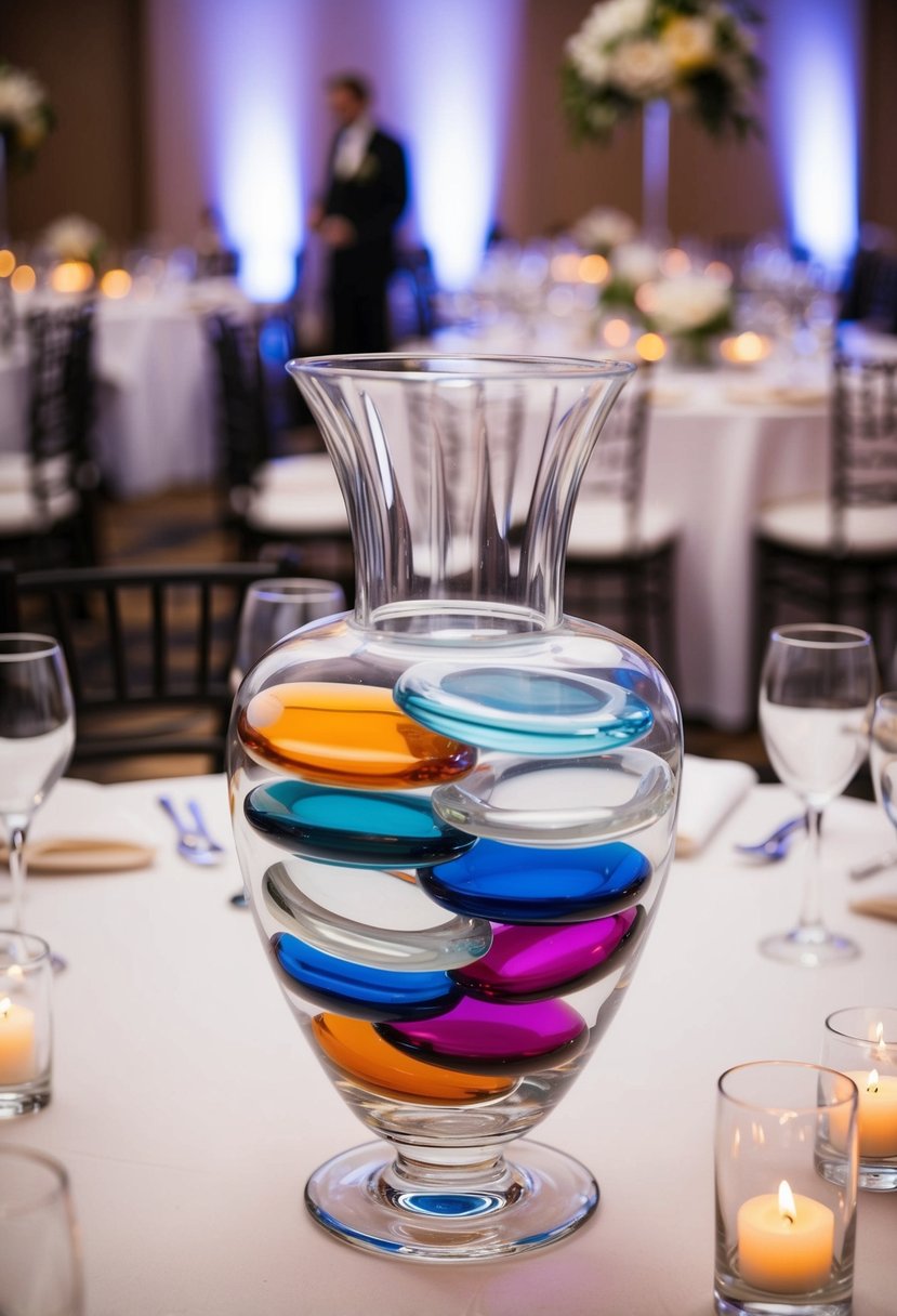 A clear glass vase filled with flat glass marbles in various colors, serving as a centrepiece on a wedding reception table