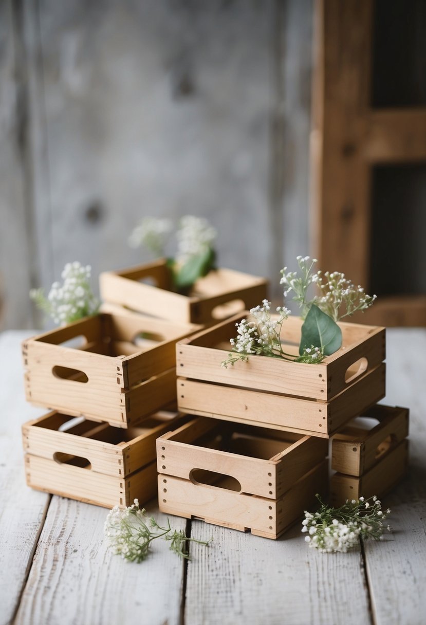 Miniature wooden crates arranged on a rustic table with delicate floral accents