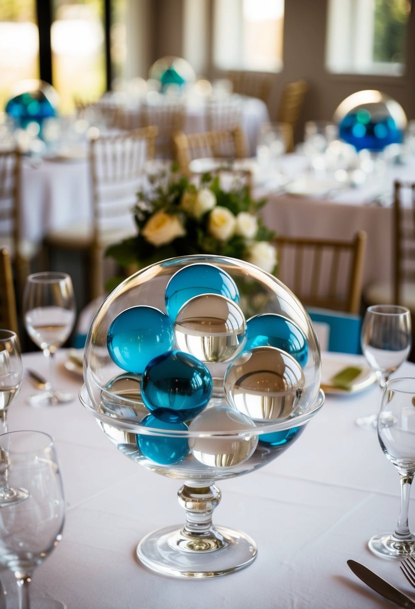 A glass marbles table accent arranged in a classic wedding centerpiece display