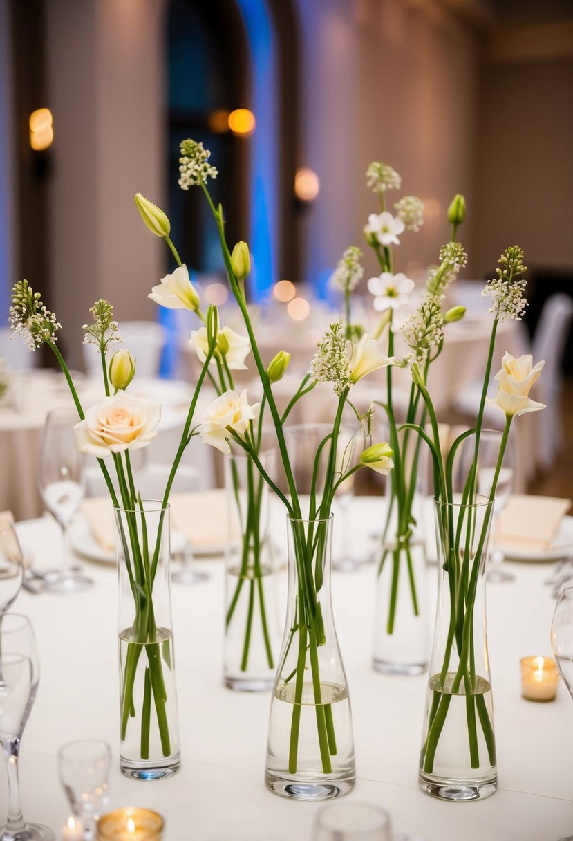 Several slender, elegant bud vases filled with delicate flowers arranged on a wedding reception table