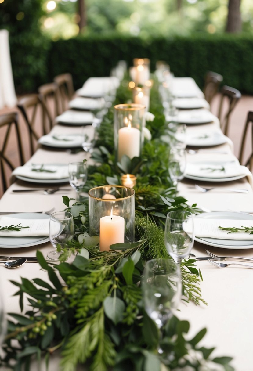 Lush greenery table runners adorn a classic wedding table, creating a natural and elegant centerpiece