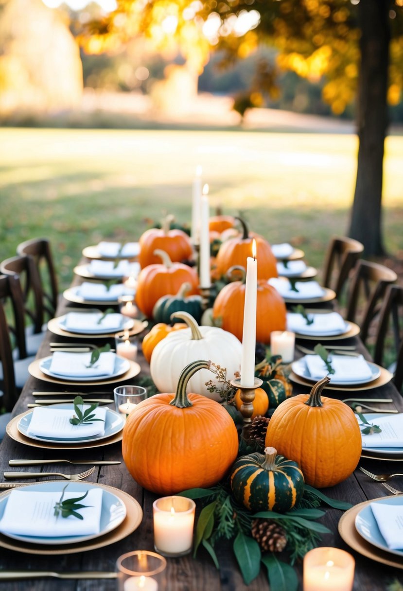 A rustic wedding table adorned with pumpkins and gourds, accented with seasonal foliage and candles