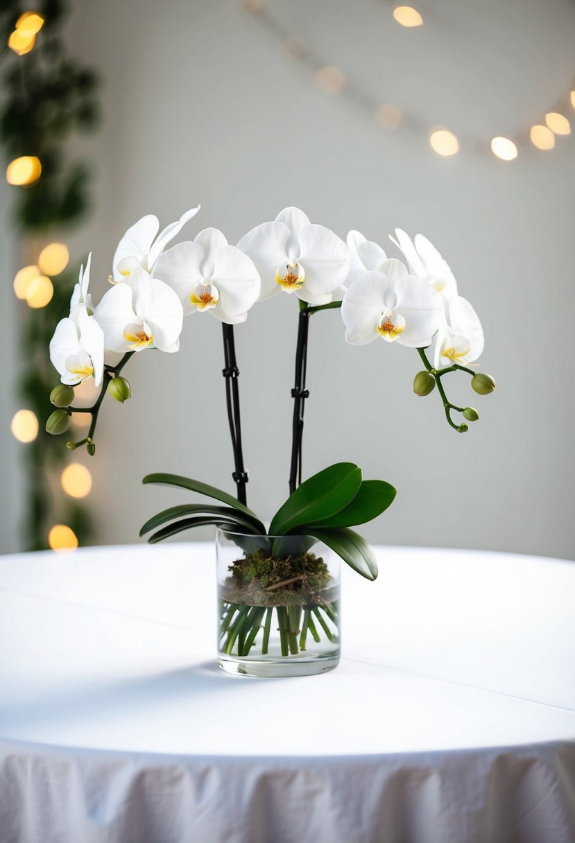 A table set with a simple white tablecloth and a centerpiece of classic white orchids in a clear glass vase