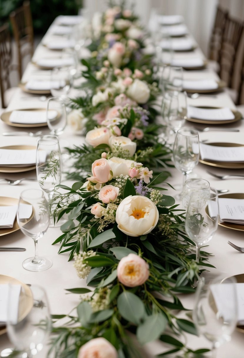 A table adorned with delicate floral garlands, intertwined with greenery and soft pastel blooms, creating a romantic and elegant wedding centerpiece