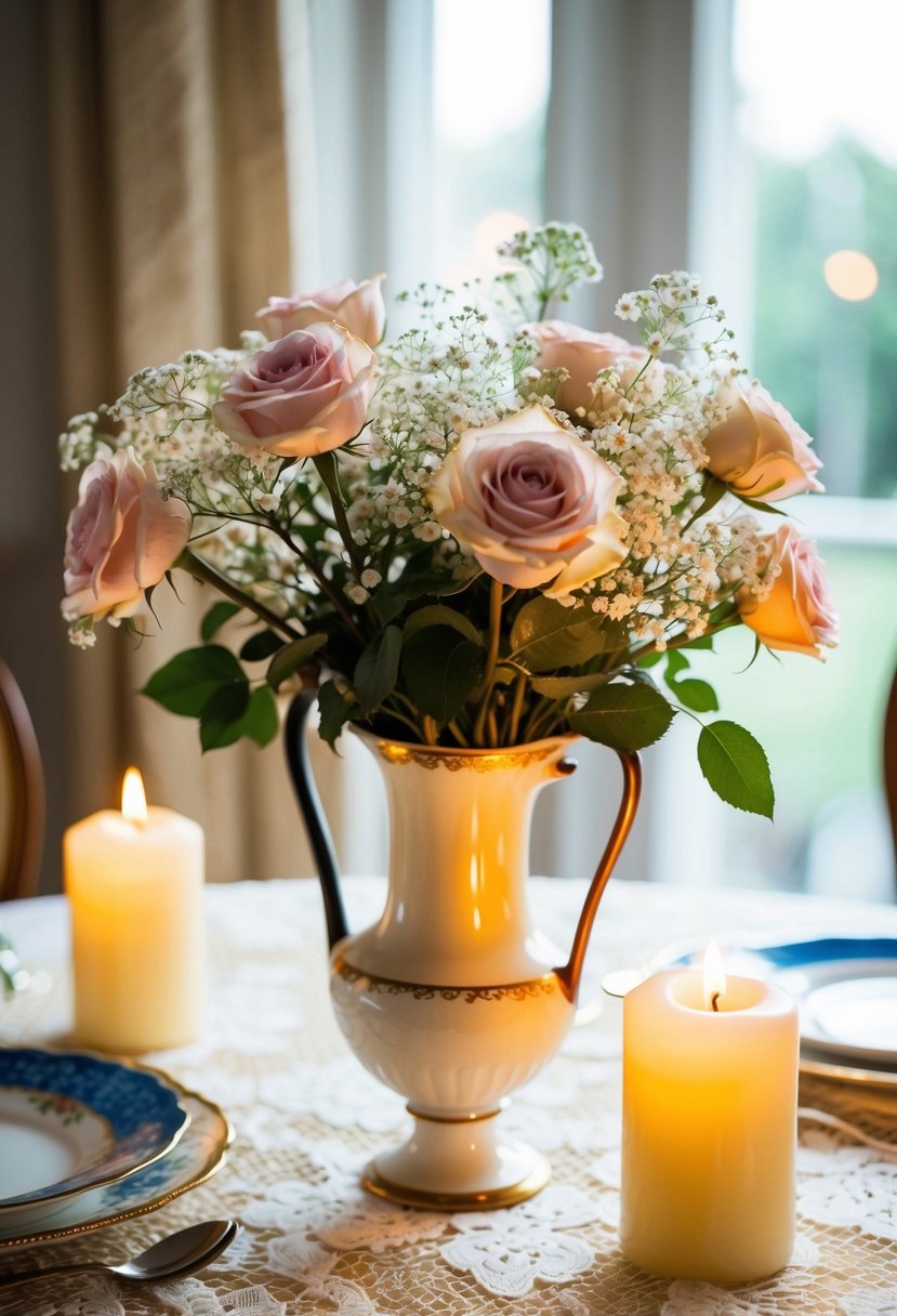 A vintage vase holds a bouquet of roses and baby's breath, set on a lace tablecloth with candles and vintage china