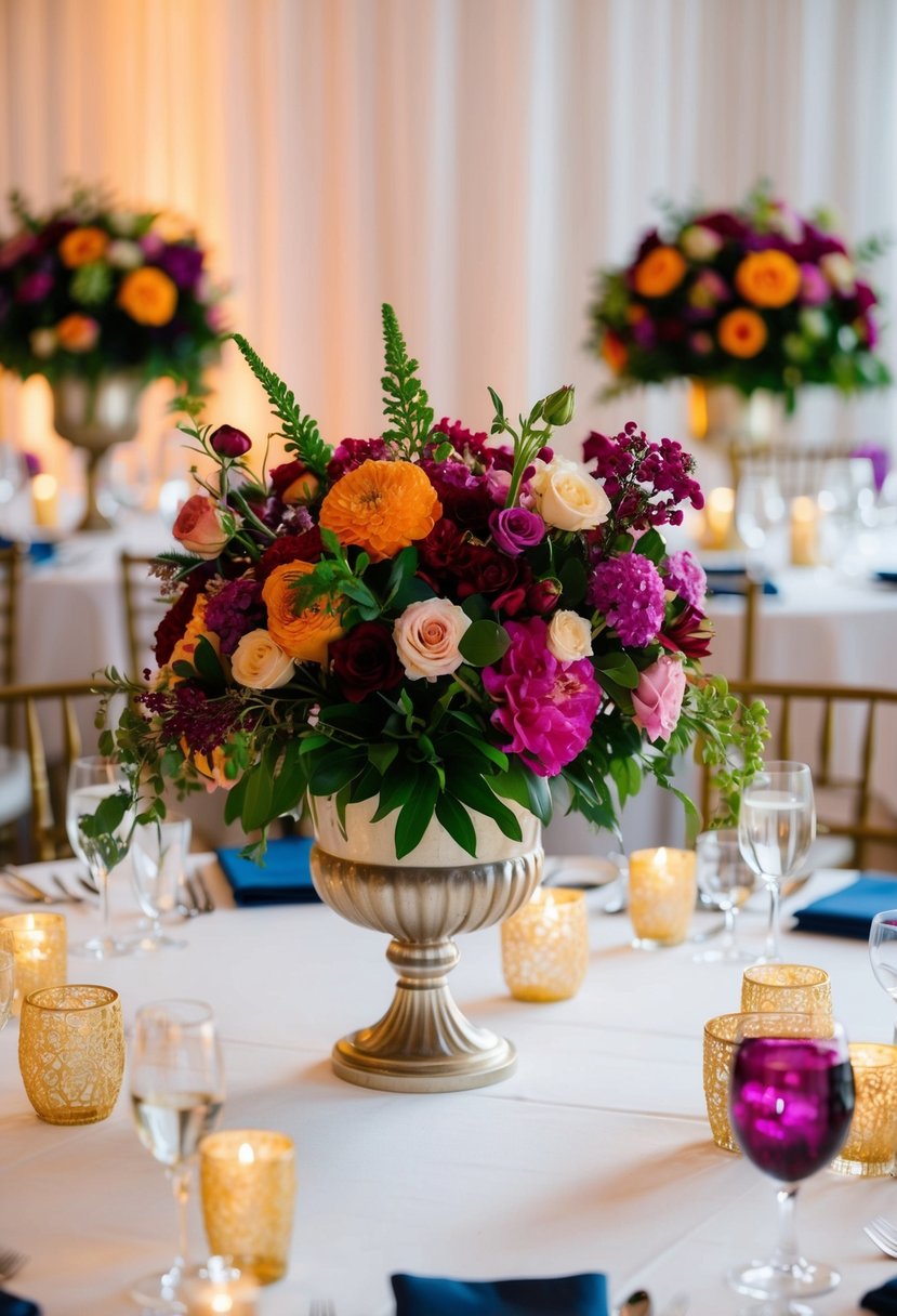 Lush floral compotes overflow with vibrant blooms on a wedding reception table