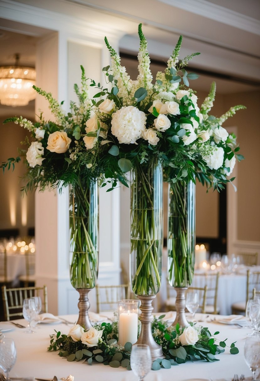 Tall vases filled with flowers and greenery, arranged in a decorative manner on a wedding reception table