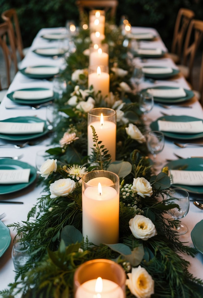 A table adorned with lush greenery runners, interspersed with delicate flowers and nestled among flickering candles