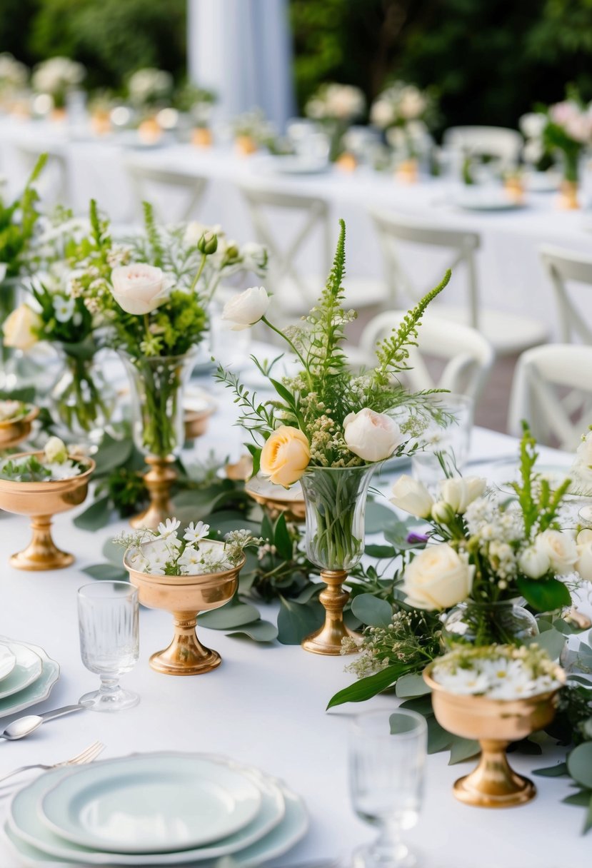 A table adorned with various mini compote collections filled with delicate flowers and greenery, creating a charming and elegant wedding centerpiece