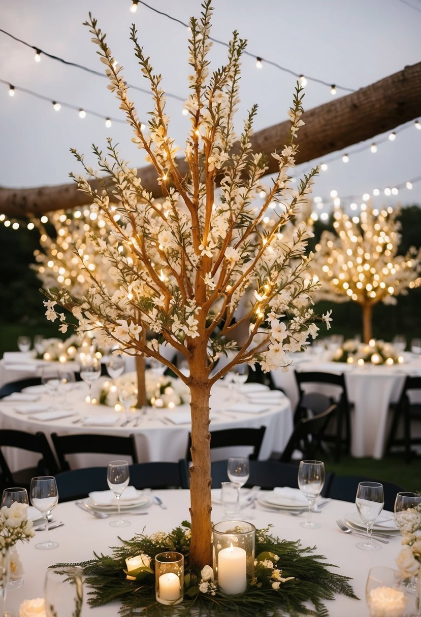 Manzanita tree centerpieces adorned with delicate white flowers and twinkling fairy lights, creating an elegant and enchanting ambiance for wedding table decorations