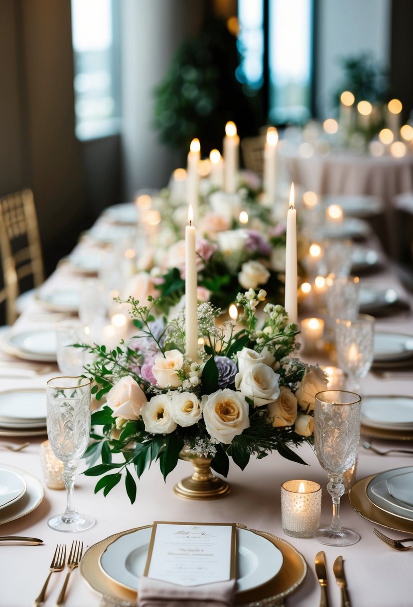 A beautifully adorned wedding table with elegant floral centerpieces, delicate candles, and sparkling tableware