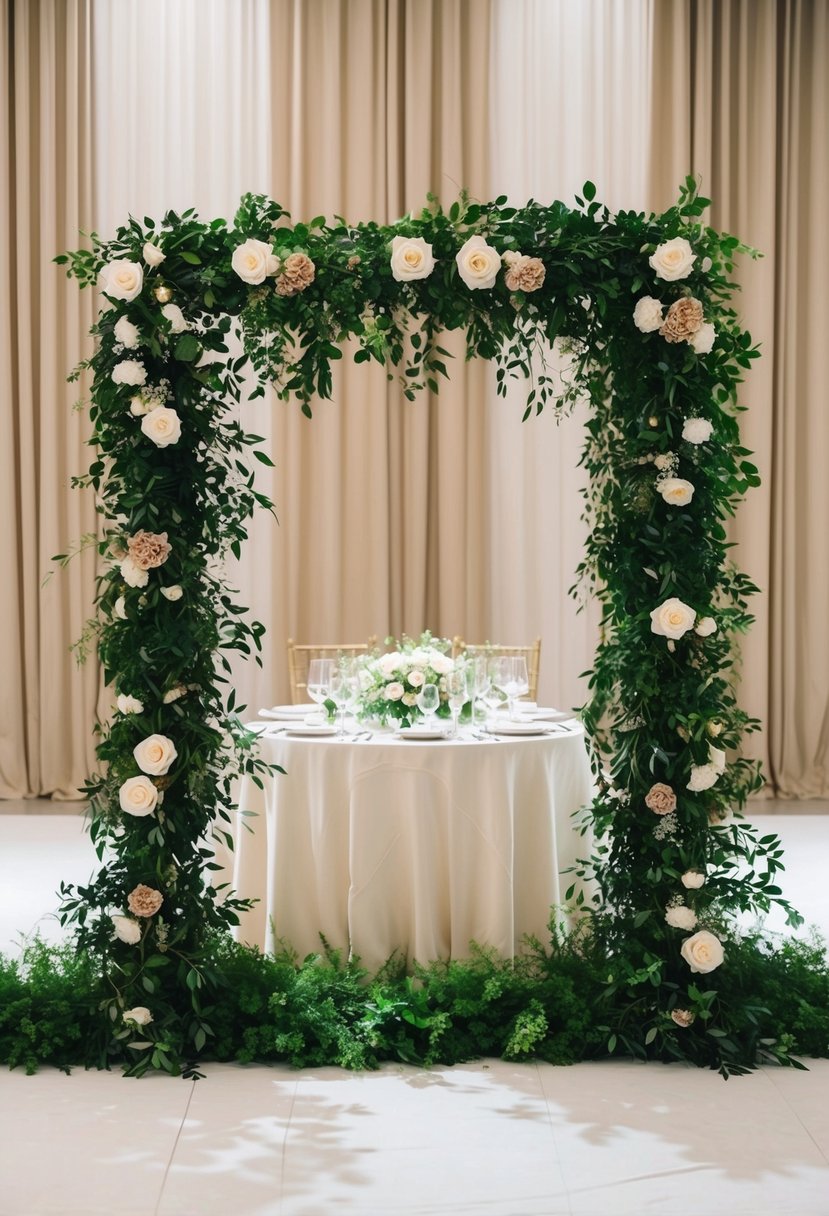 An elegant greenery backdrop frames a wedding table with delicate decorations