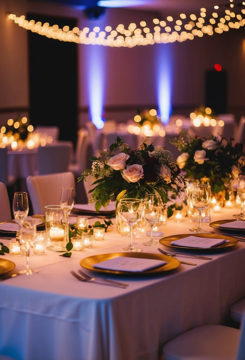 A beautifully lit wedding table with LED lights creating a warm and romantic ambiance