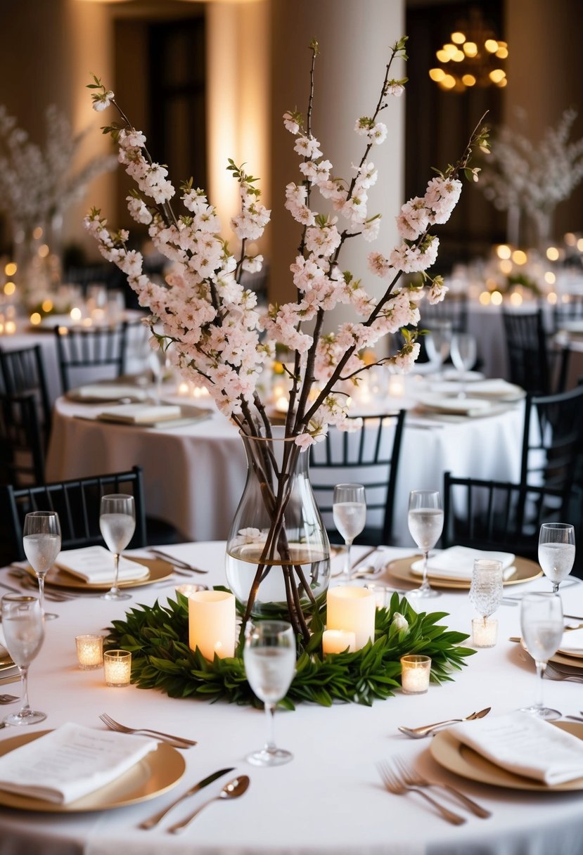 A round table adorned with a lush centerpiece of cherry blossom branches in a glass vase, surrounded by delicate tea lights and elegant place settings