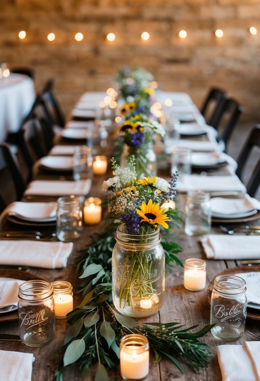 A rustic table adorned with mason jar centerpieces filled with wildflowers, surrounded by flickering tea lights and simple white linens