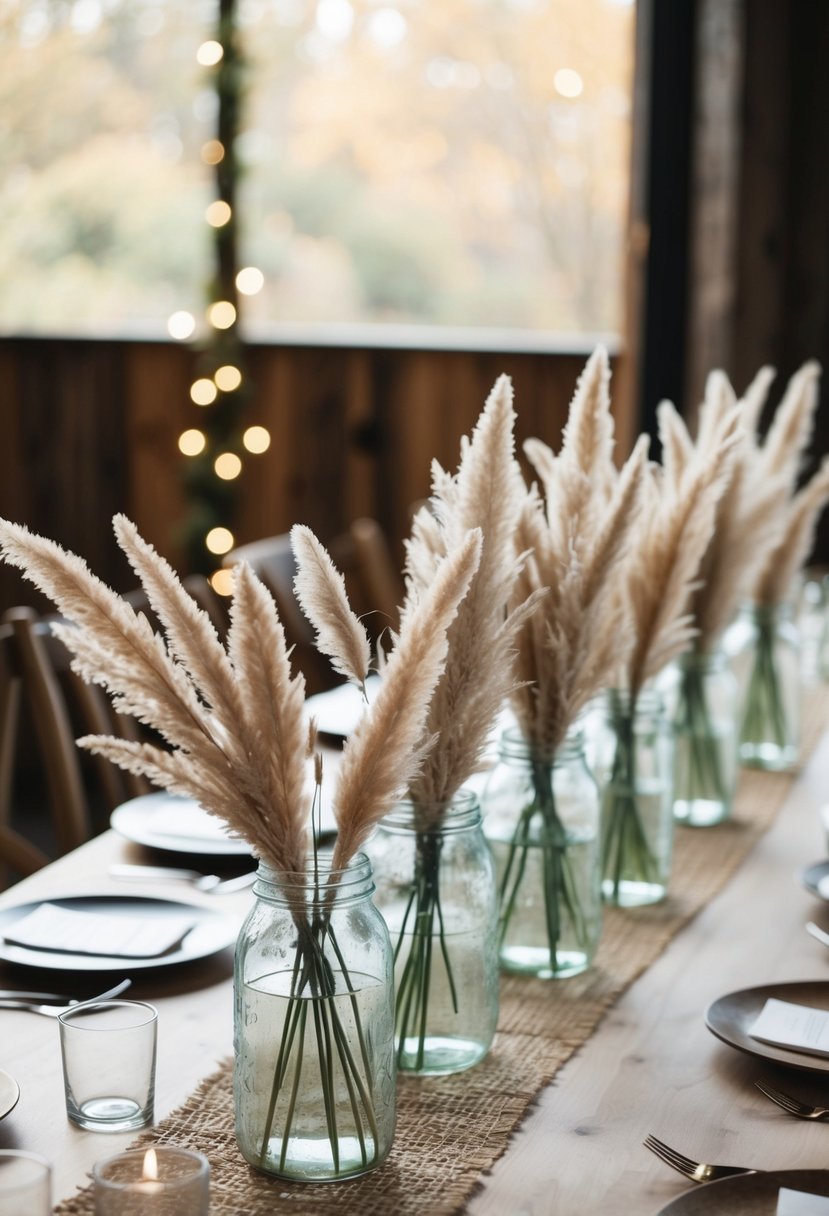 A rustic table set with simple glass jars filled with pampas grass, creating a natural and elegant wedding decoration