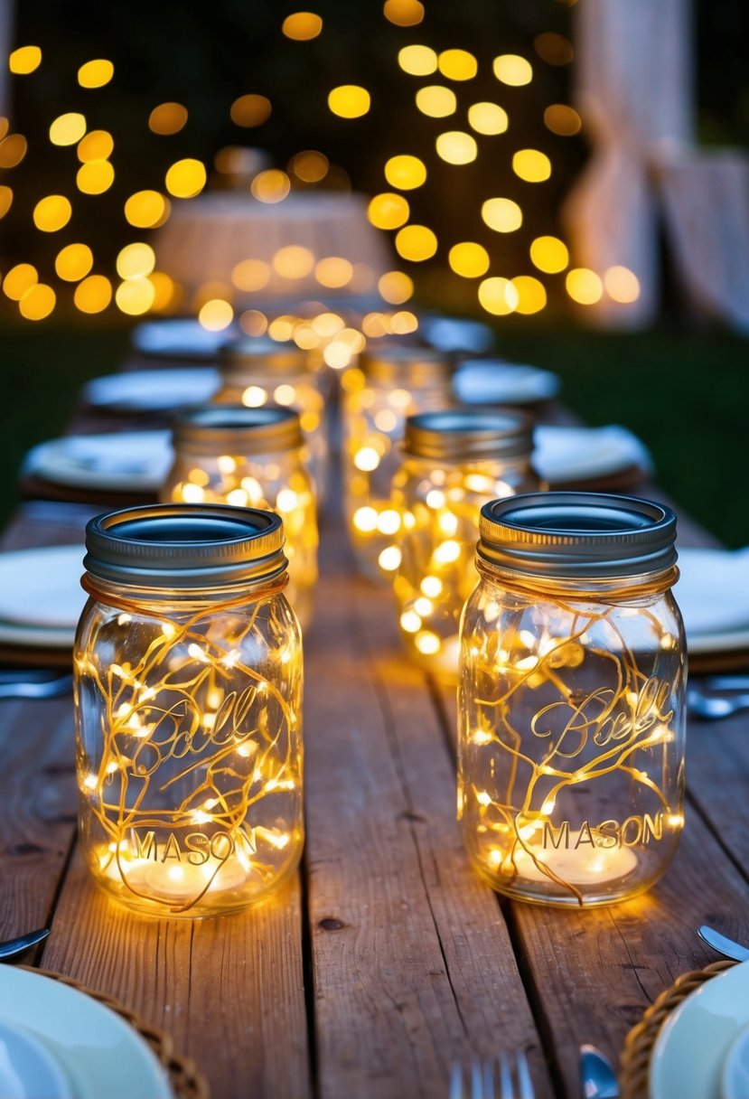 Mason jars filled with fairy lights illuminate a rustic wedding table, creating a warm and whimsical ambiance