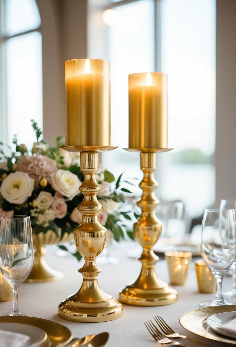 Two gold gilded candlesticks sit on a wedding reception table, adorned with delicate floral arrangements and elegant place settings