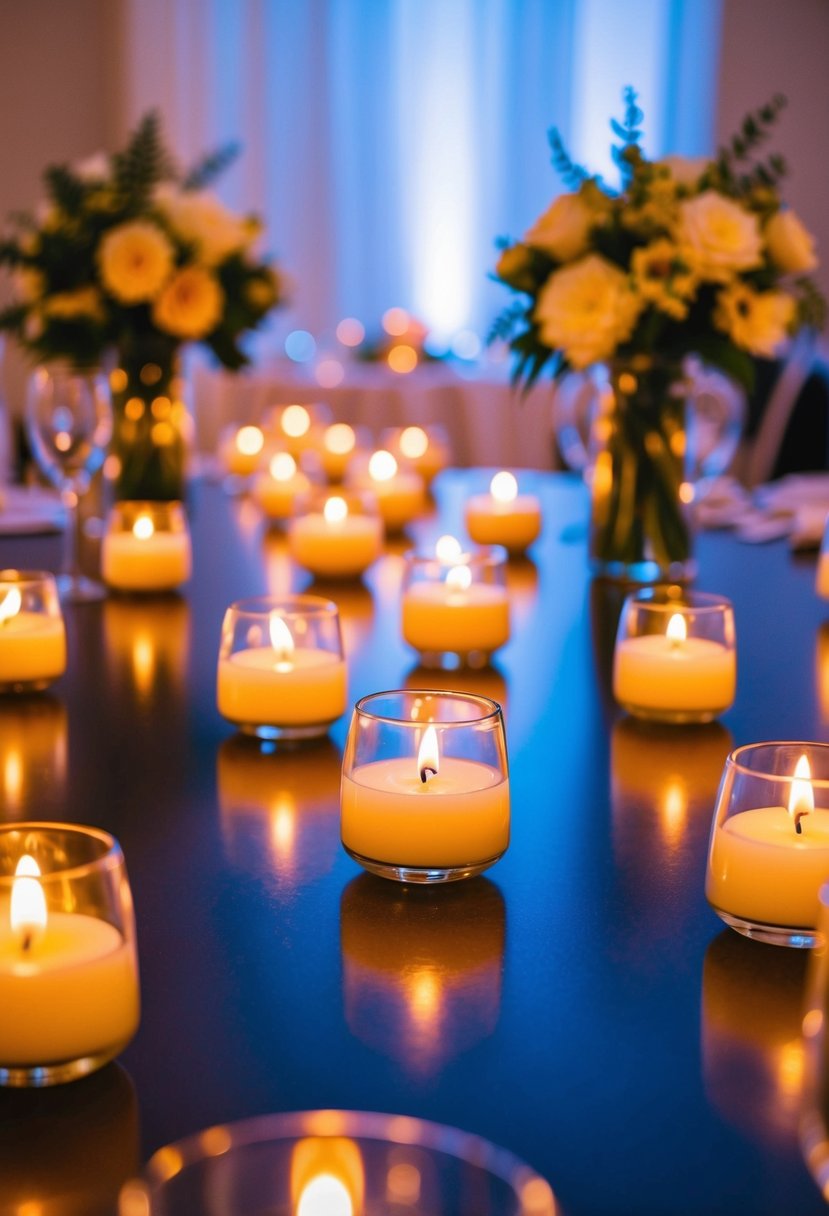 A table adorned with floating candle votives, casting a romantic glow over a wedding reception