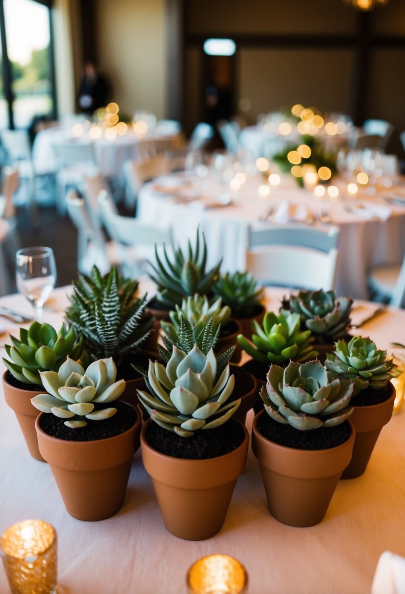 Potted succulents arranged as table centerpieces at a wedding reception