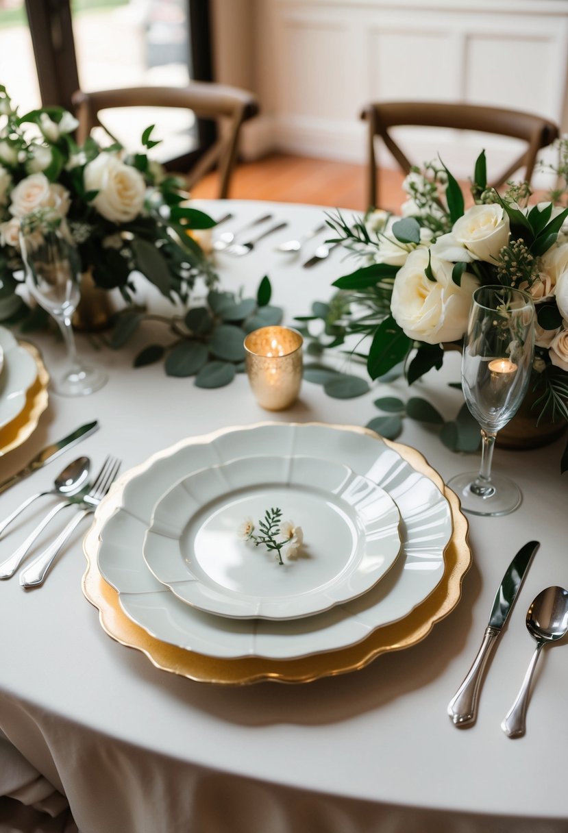 A scalloped china set arranged on a wedding reception table, with bride and groom decorations and floral accents