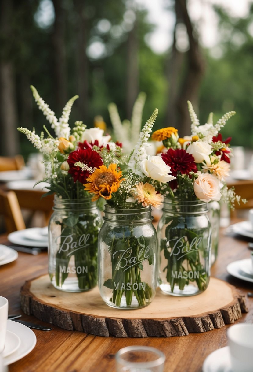 Mason jars filled with flowers on wooden slabs, rustic wedding table decor