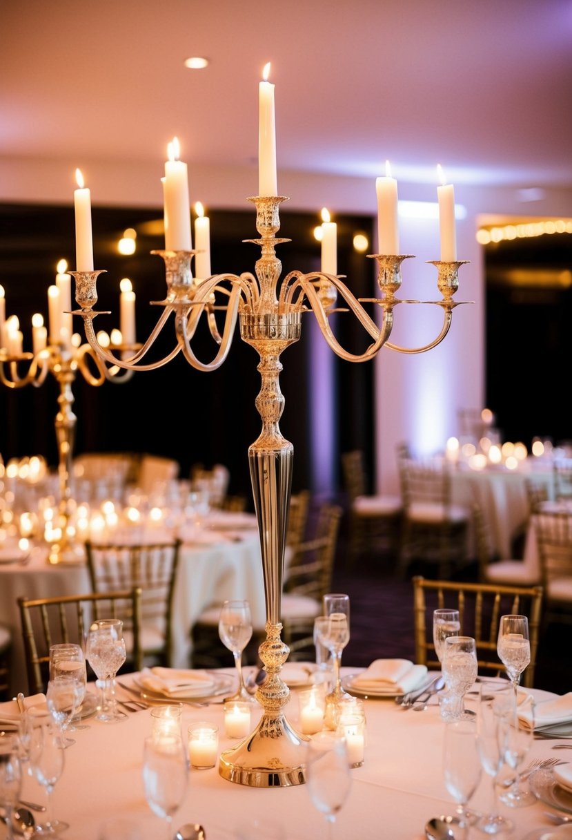 Elegant candelabras with long, slender arms adorn a beautifully set wedding table, casting a warm and romantic glow over the festivities