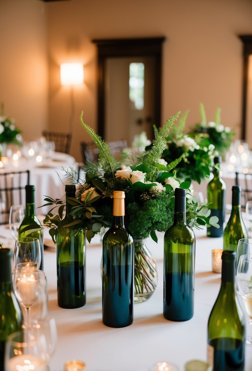 Wine bottles filled with greenery arranged as centerpieces on wedding tables