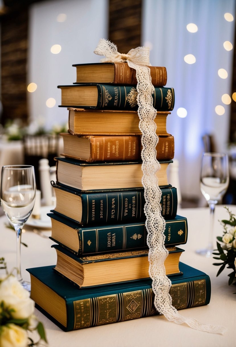 Vintage books stacked in varying heights, adorned with delicate lace ribbon, serve as charming table decor for a budget-friendly wedding