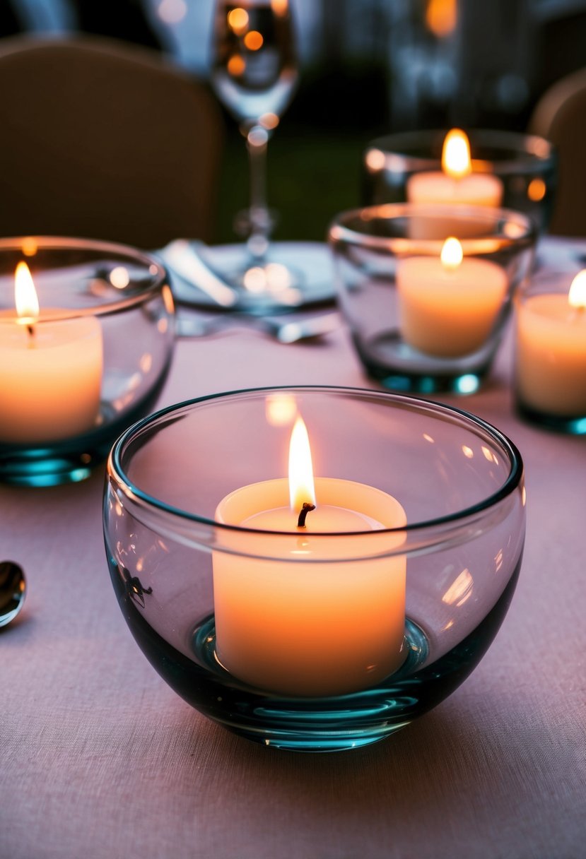 Glass bowls with floating candles, illuminating a wedding table